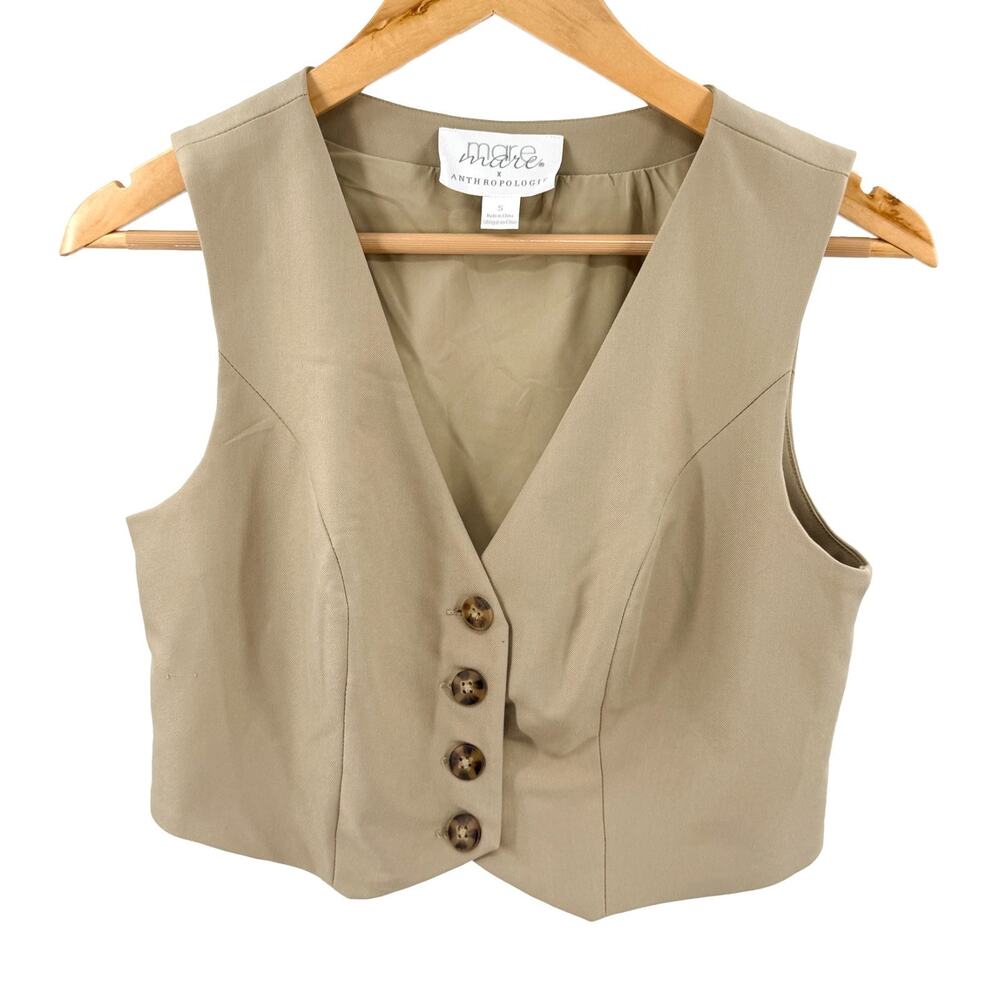 Mare Mare x Anthropologie Tan V-Neck Button Front Cropped Vest